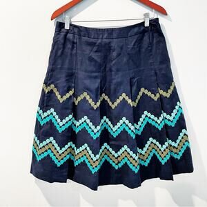 Dress Barn Linen Pleated Chevron Skirt Navy Blue Size 10 EUC